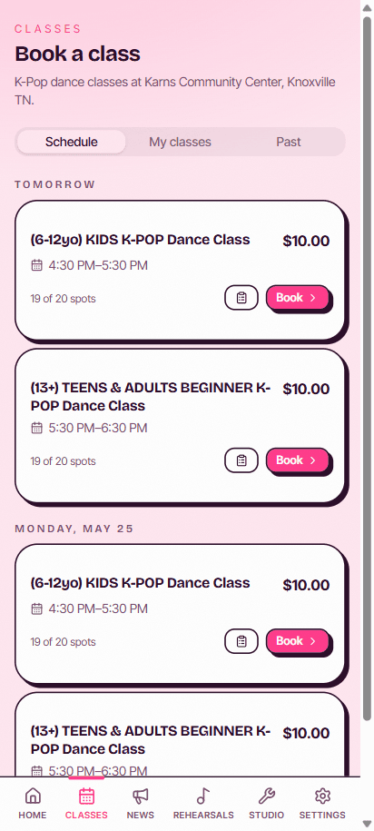Knox Kpop app — Monday class list ready to book