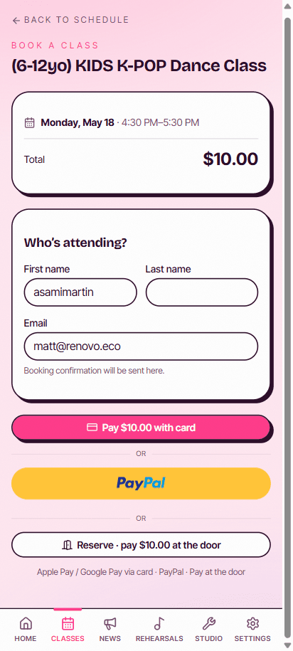 Knox Kpop app — booking a class with in-app payment