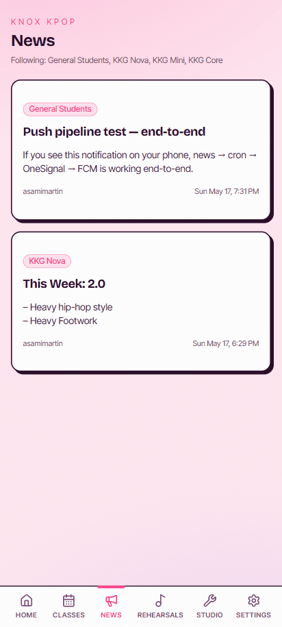 Knox Kpop app — studio news feed with pinned announcements
