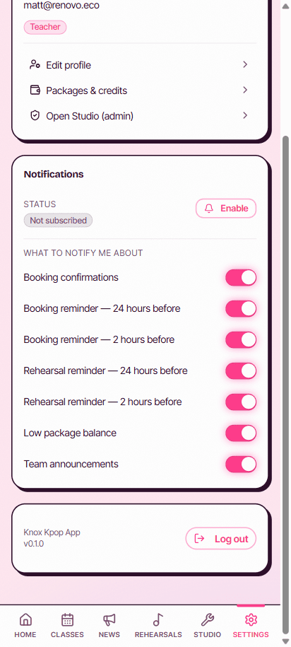 Knox Kpop app — notification preferences and profile
