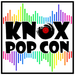 Knox Pop Con Logo of a DJ record and music equalizer in the background of the text, "Knox Pop Con"
