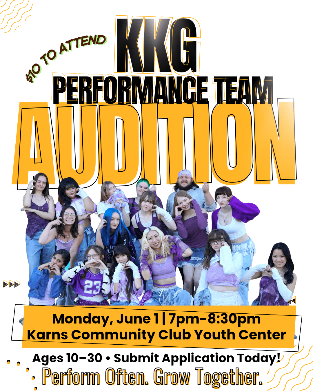 KKG Performance Team Audition · Monday, June 1 · 7:00–8:30 PM · Karns Community Club Youth Center · $10 to attend · Ages 10–30